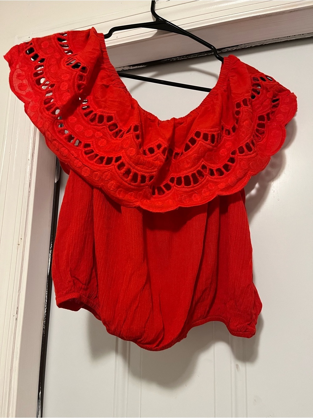 Women’s Red Off-Shoulder Eyelet Ruffle Top